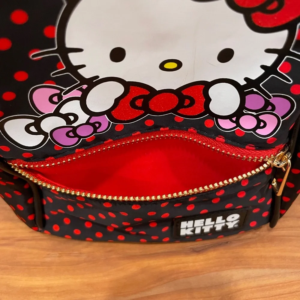 HELLO KITTY Sanrio Mini Backpack with Zipped Front Pocket Black Red Polka Dots - Picture 9 of 15